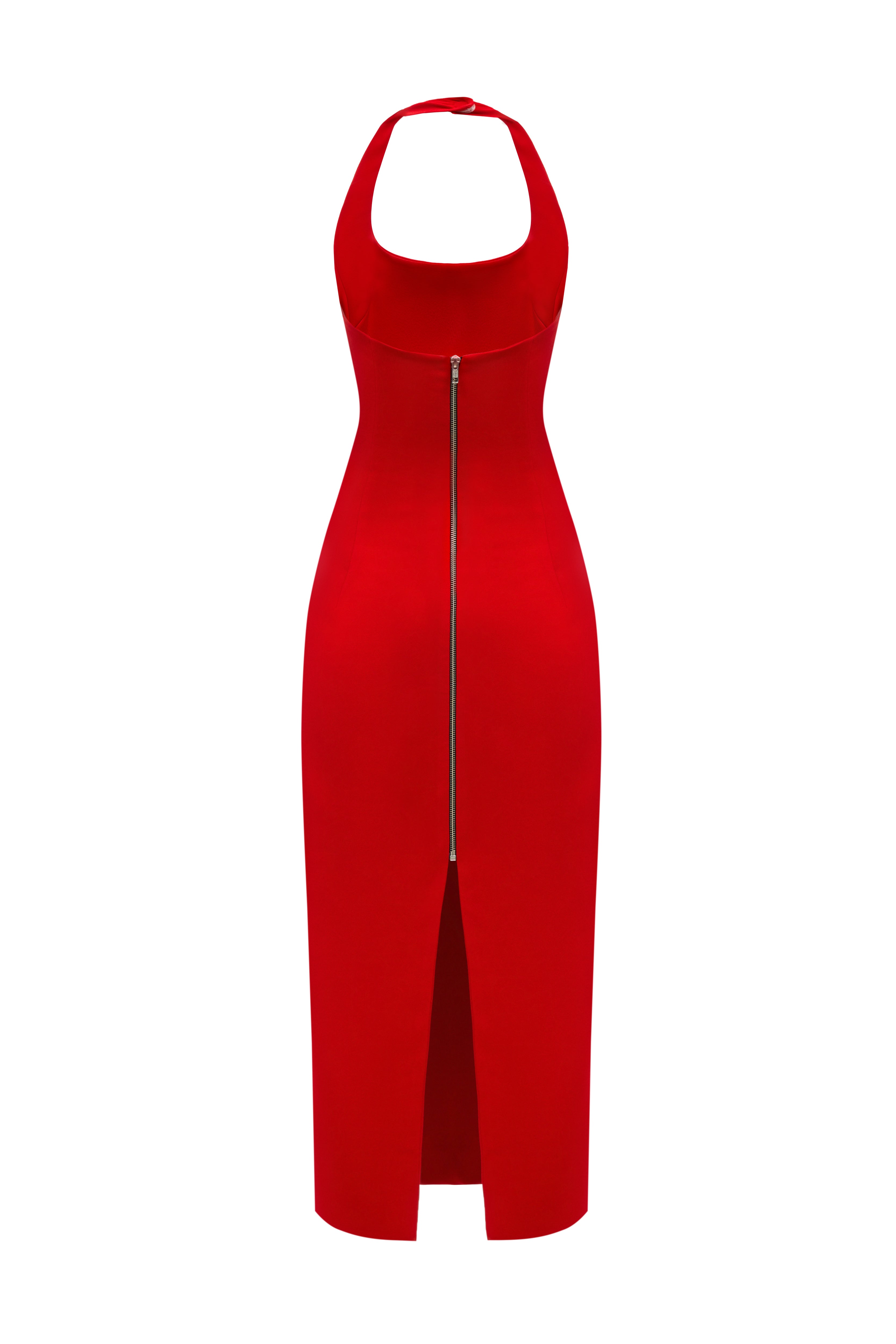 HALTERNECK MATT SILK MIDI DRESS RED