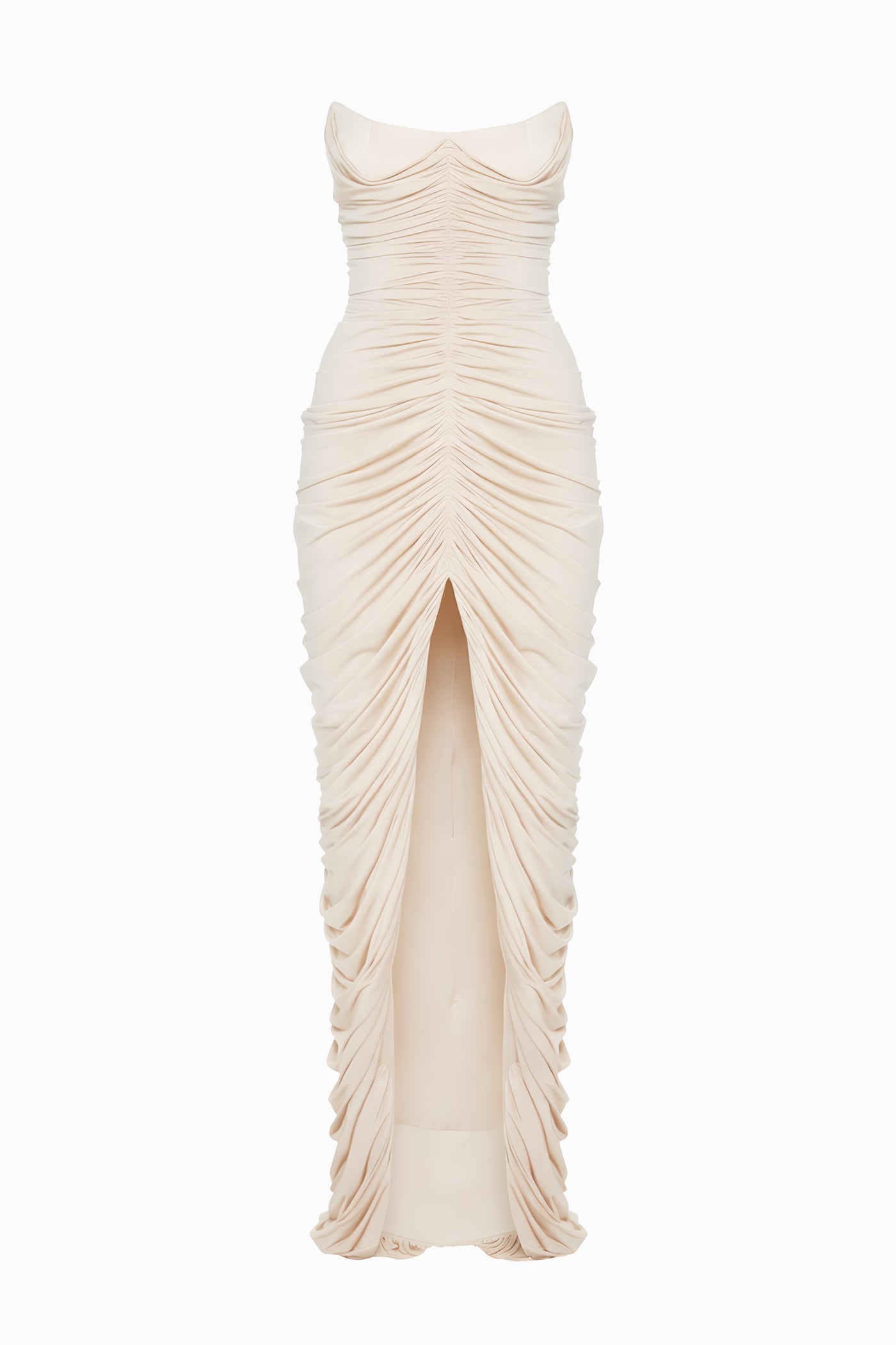 beige strapless maxi dress The Seraphina Strapless Satin Maxi Dress Champagne