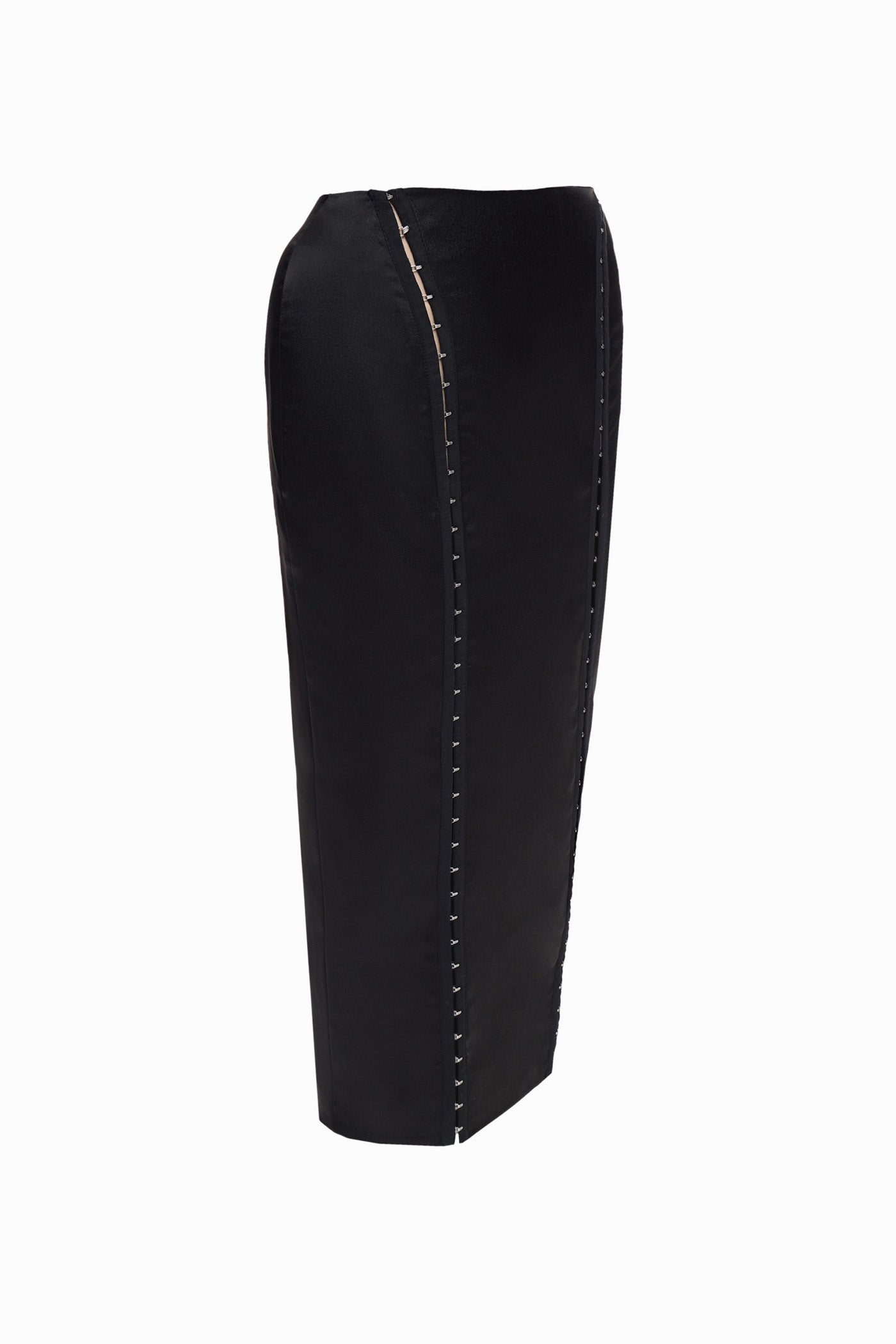 SOFT SATIN MIDI SKIRT WITH HOOKS BLACK