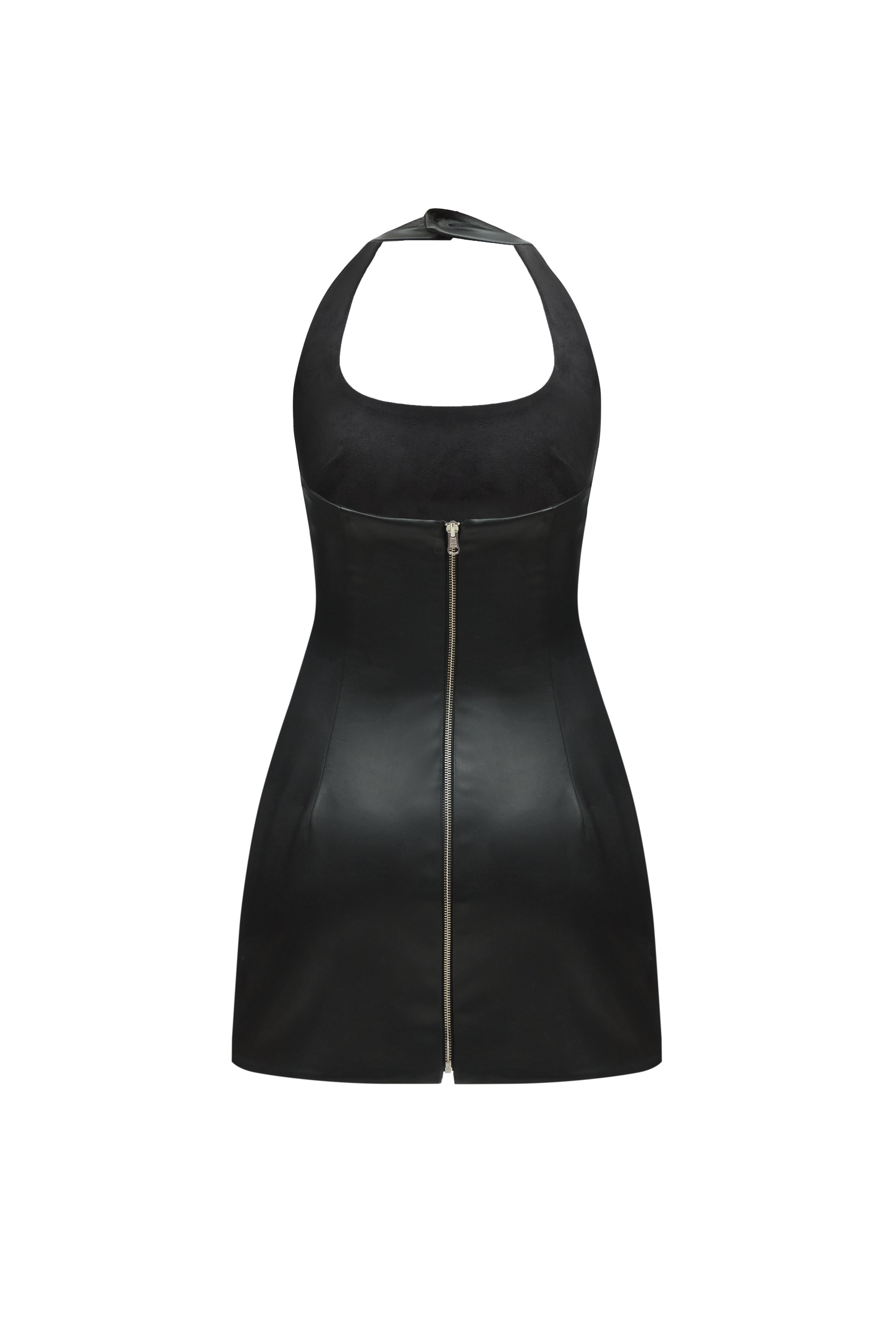 TWO SIDED HALTERNECK LEATHER MINI DRESS BLACK