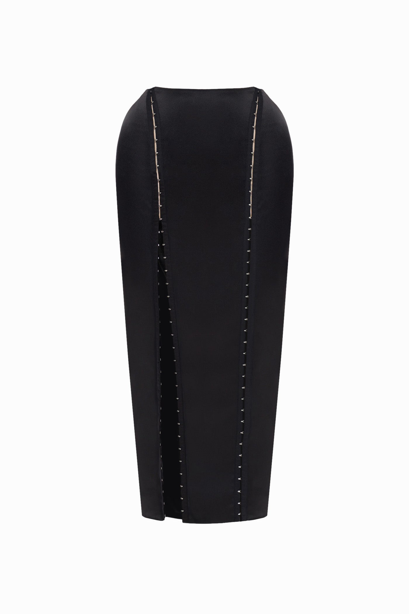 SOFT SATIN MIDI SKIRT WITH HOOKS BLACK
