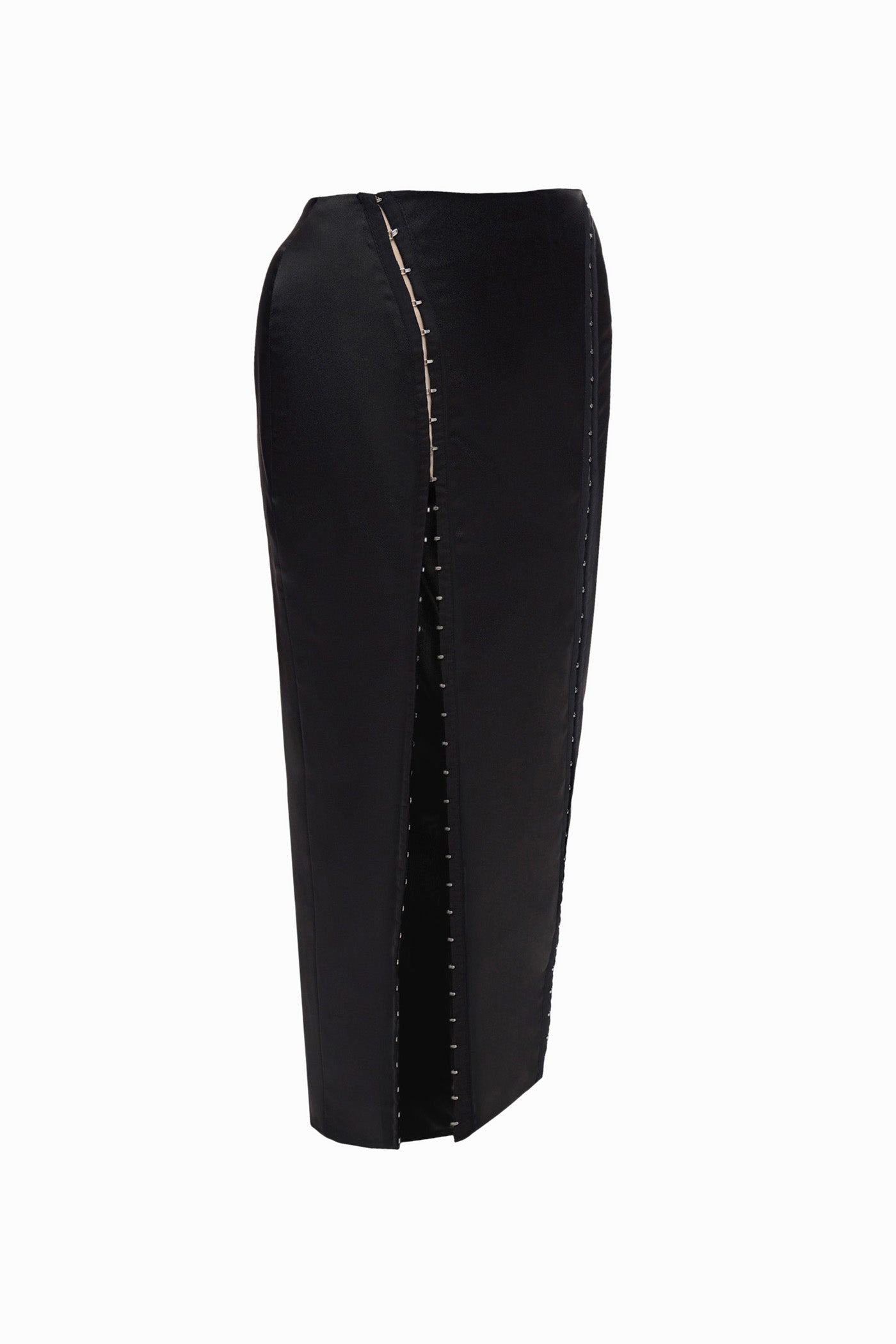 SOFT SATIN MIDI SKIRT WITH HOOKS BLACK