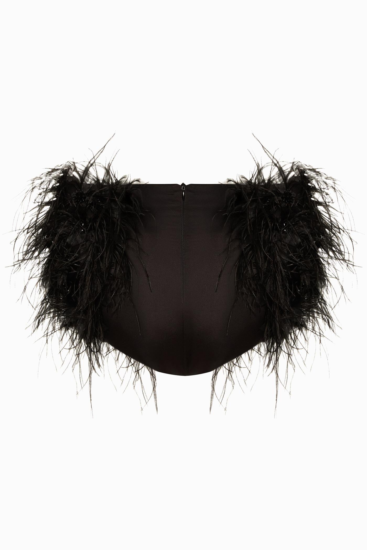 SATIN PANTS WITH FEATHERS BLACK