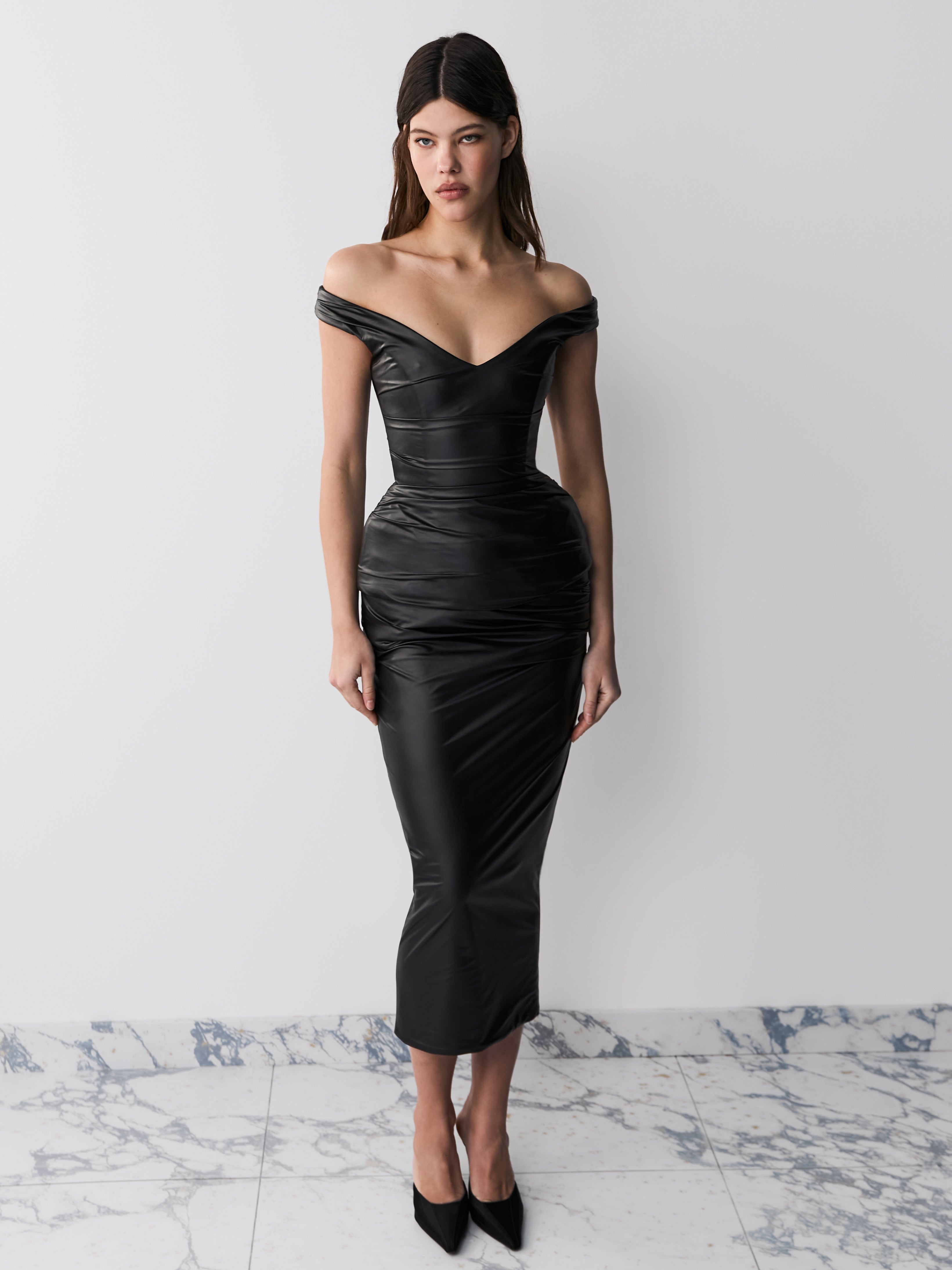 LEATHER MIDI SKIRT BLACK