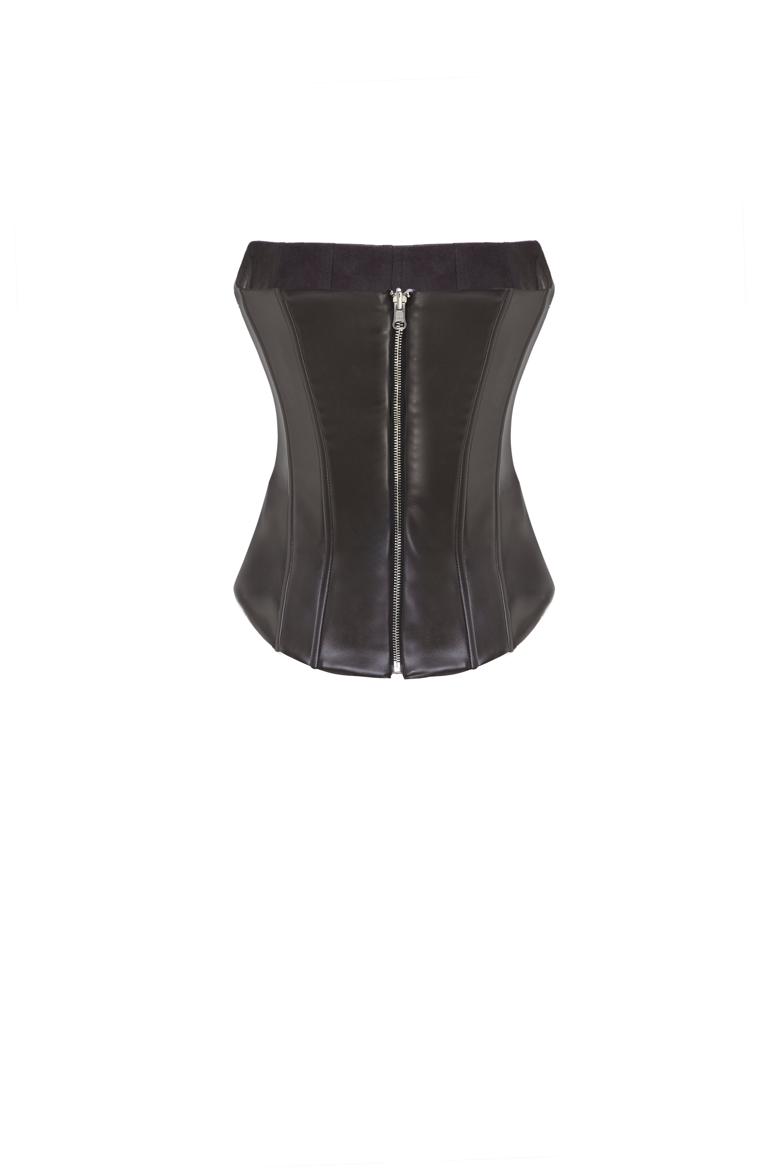TWO-SIDED TIBI LEATHER CORSET DEEP BROWN