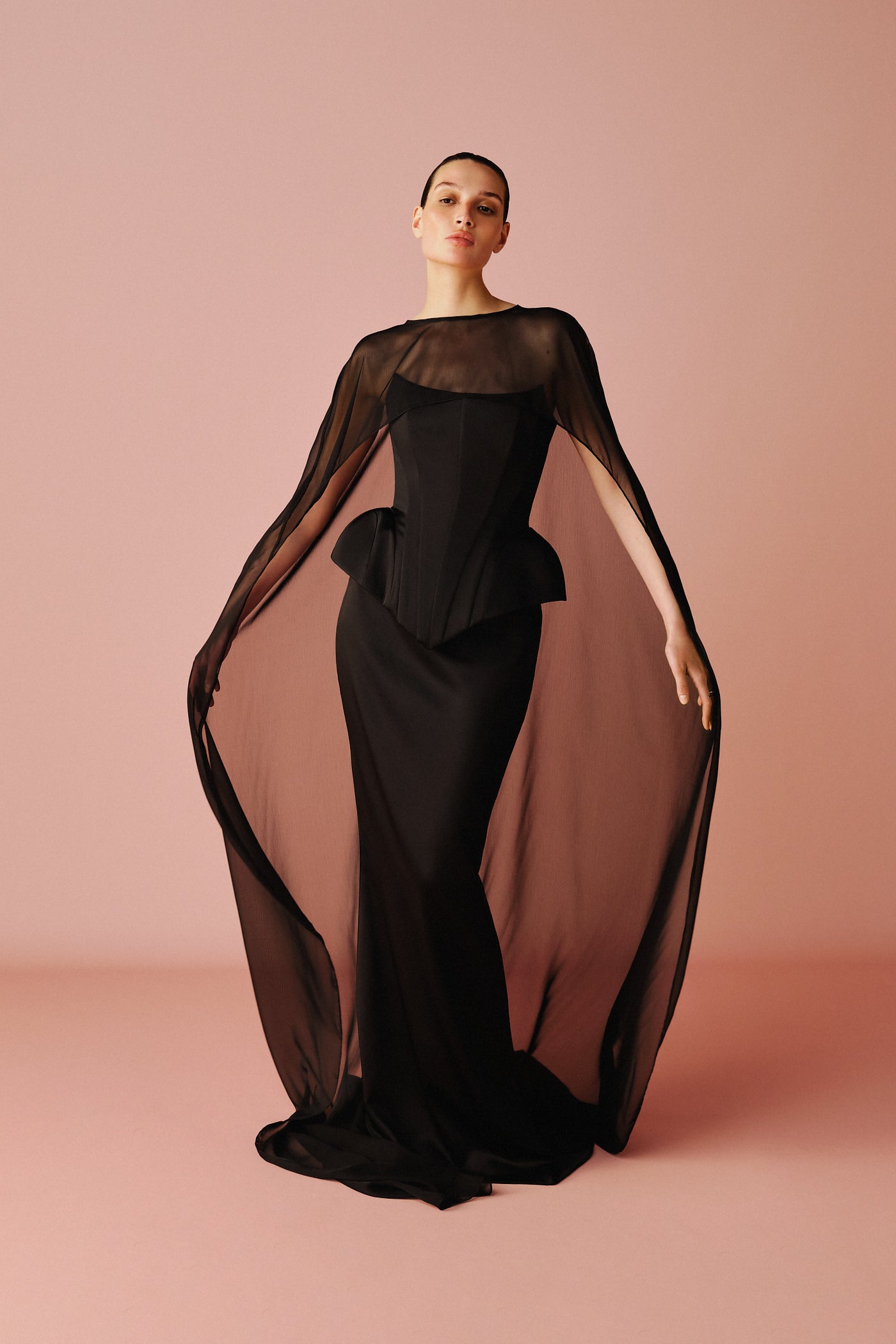 CHIFFON LONG CAPE BLACK