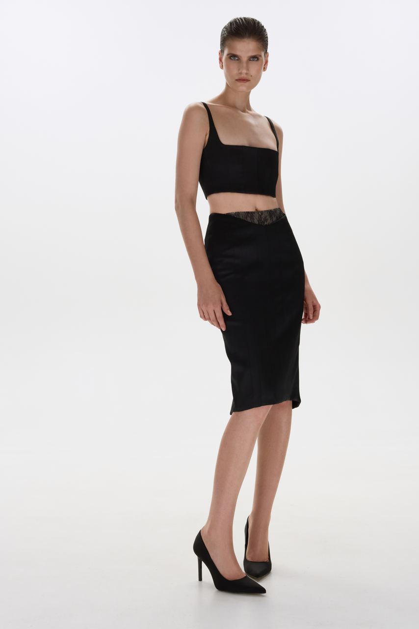 SOFT SATIN MIDI SKIRT BLACK