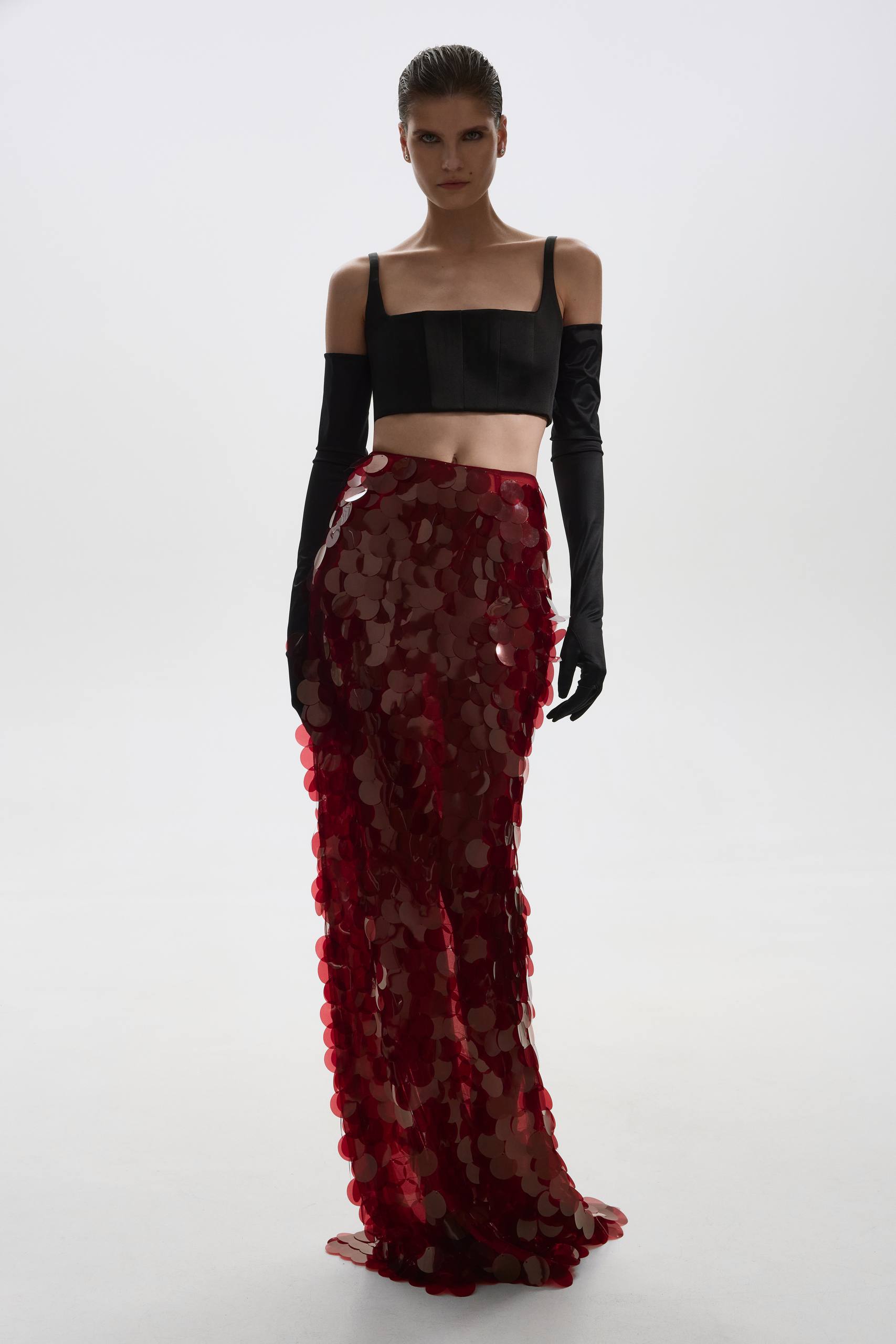 SEQUINED MAXI SKIRT BURGUNDY